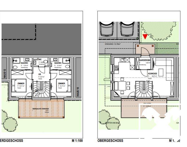 Grundrisse für Erdgeschoss und Obergeschoss eines Hauses mit Terrasse und Gartenbereich.
