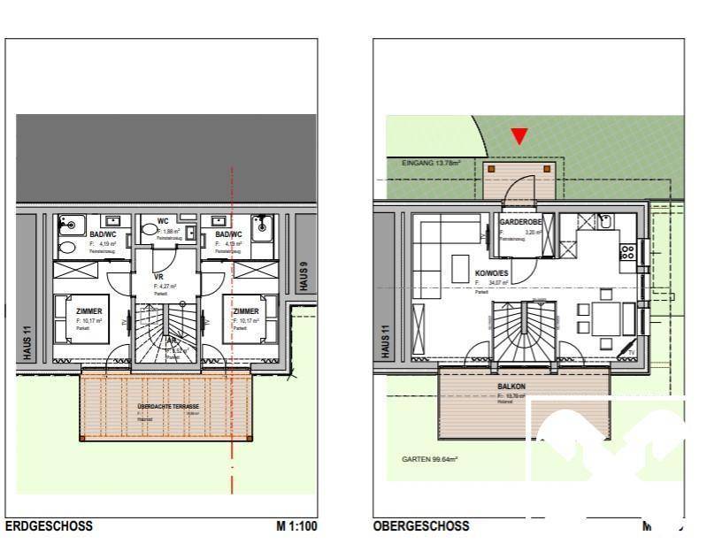 Grundrisse für Erdgeschoss und Obergeschoss mit Zimmern, Bädern, Terrasse und Balkon.