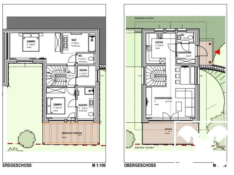 Grundrisspläne für Erd- und Obergeschoss eines Chalets mit Zimmern, Bädern, Sauna, Terrasse und Balkon.