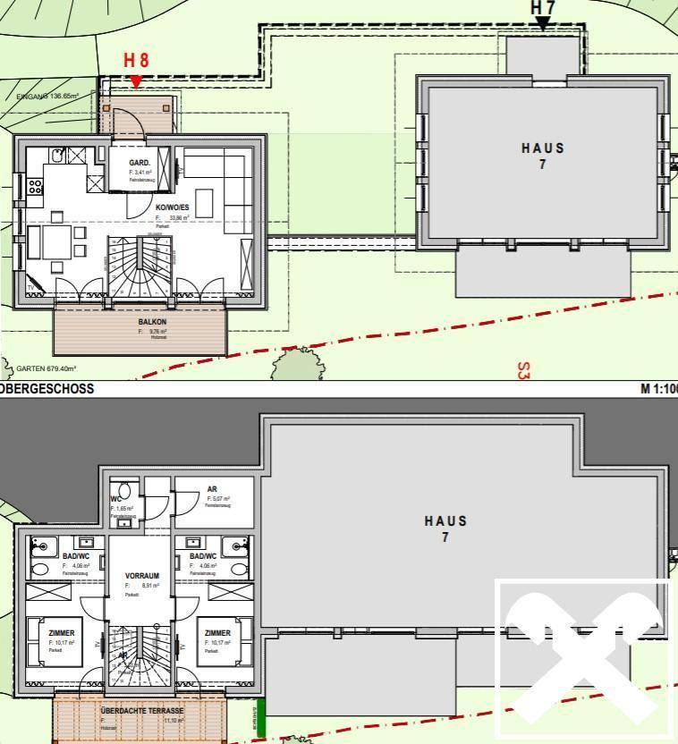 Grundrisspläne für Haus 7 mit Obergeschoss und Erdgeschoss, inklusive Balkon und Terrasse.