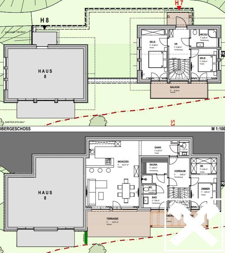 Grundrisspläne für Haus 7 und Haus 8 mit Sauna, Terrasse und Balkonzugang.