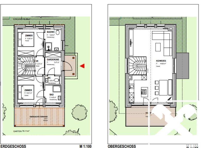 Grundrissdarstellung von Erdgeschoss und Obergeschoss eines Hauses mit Terrasse und Balkon.