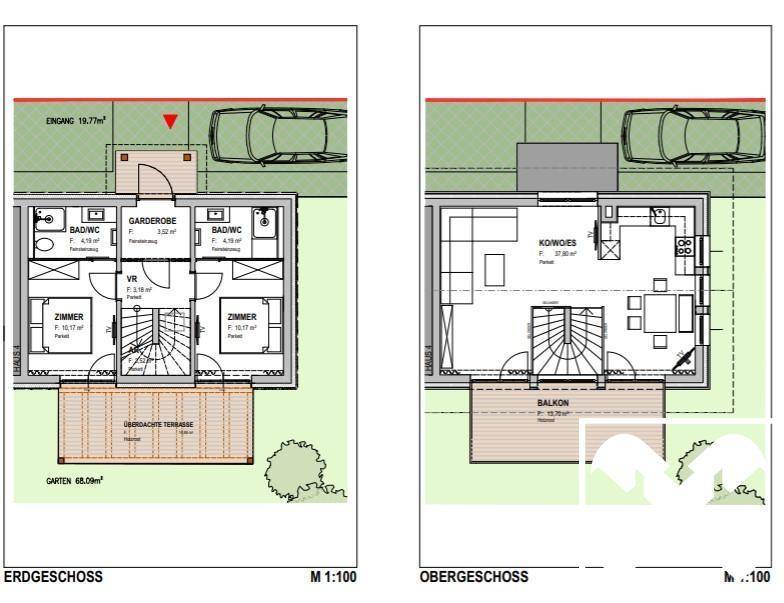 Grundrisse für Erdgeschoss und Obergeschoss mit Zimmern, Bädern, Balkon und überdachter Terrasse.