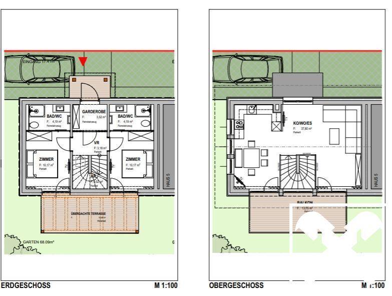 Grundrisse für Erdgeschoss und Obergeschoss mit Zimmern, Bädern, Terrasse und Balkon.