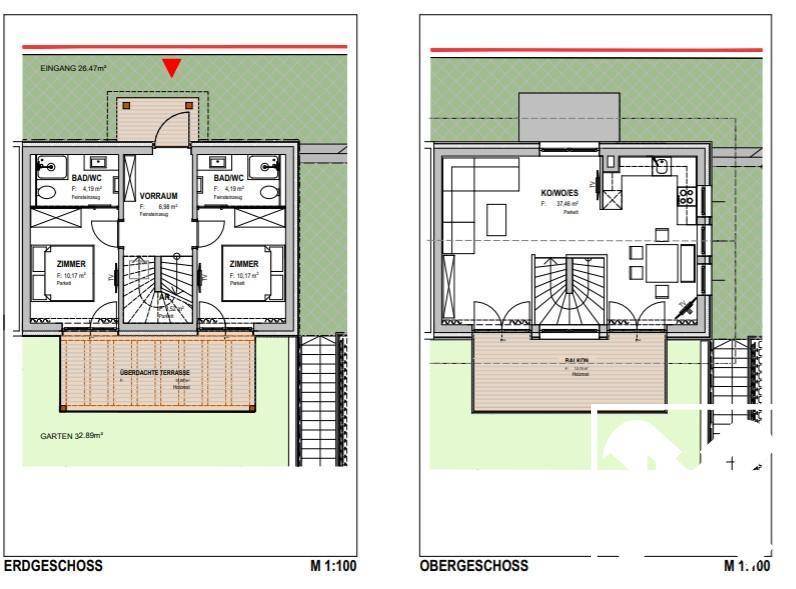 Grundrisse für Erdgeschoss und Obergeschoss mit Wohnbereichen, Schlafzimmern und Terrassenzugang.