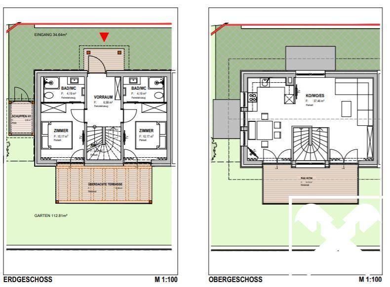 Grundrisse für Erdgeschoss und Obergeschoss mit Schlafzimmern, Bädern, offener Wohnküche und Terrasse.