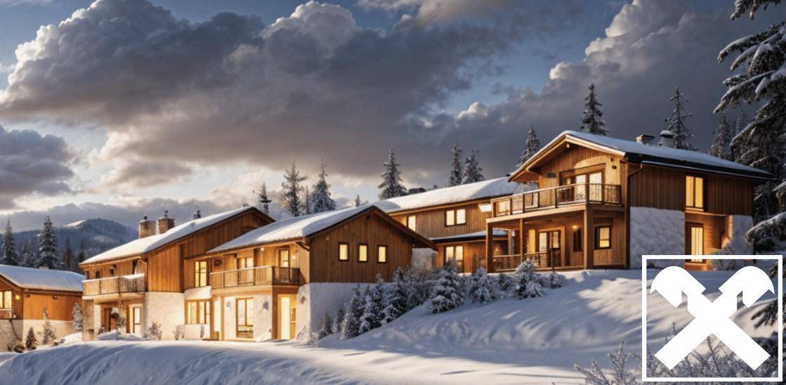 Winterliche Ansicht von Chalets mit verschneiten Dächern und beleuchteten Fenstern in einer Berglandschaft.