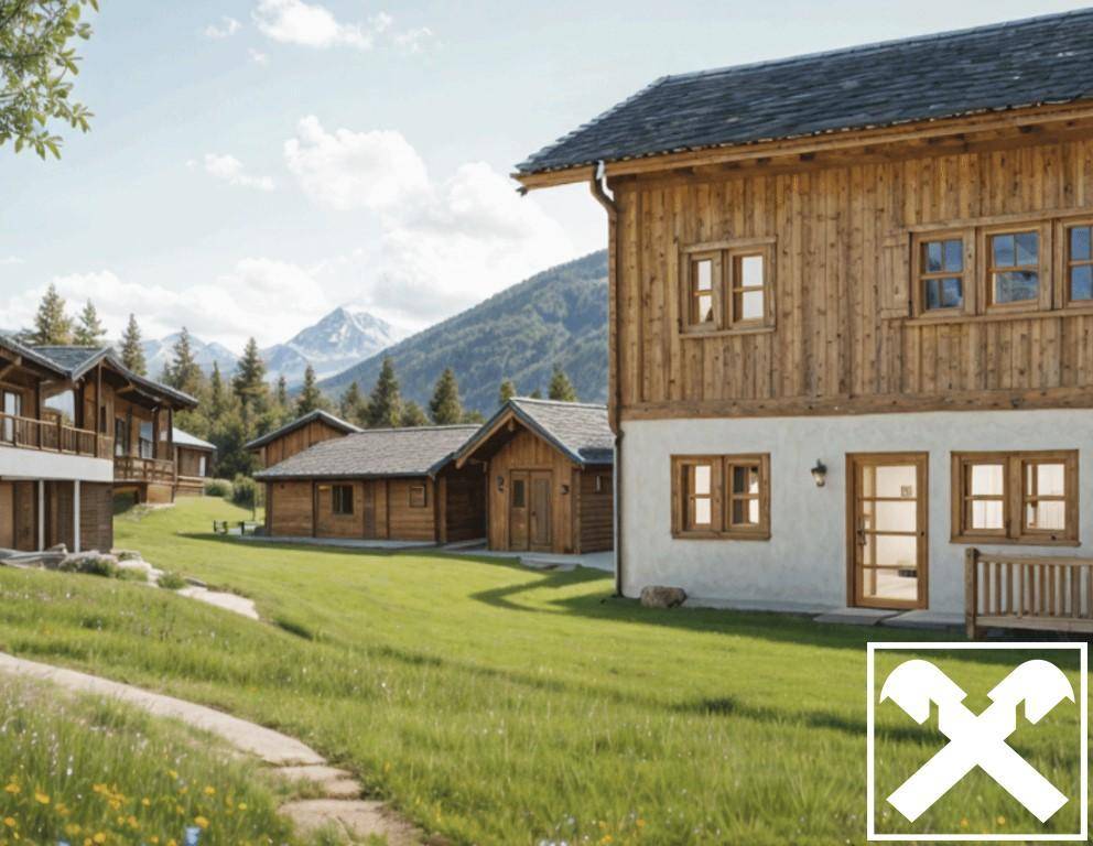 Detailansicht eines Holzchalets mit traditioneller Architektur und Bergblick in einer ländlichen Umgebung.