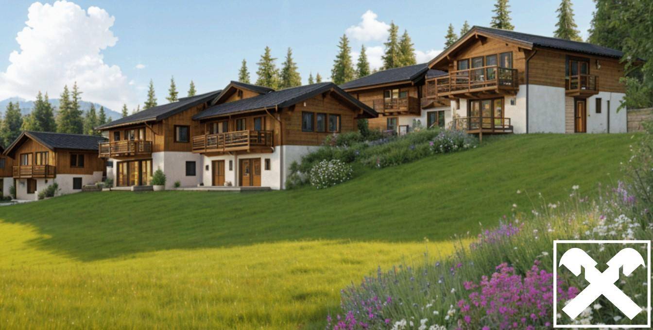 Moderne Chalets mit Holzverkleidung und Balkonen, eingebettet in eine grüne Landschaft mit blühenden Blumen.