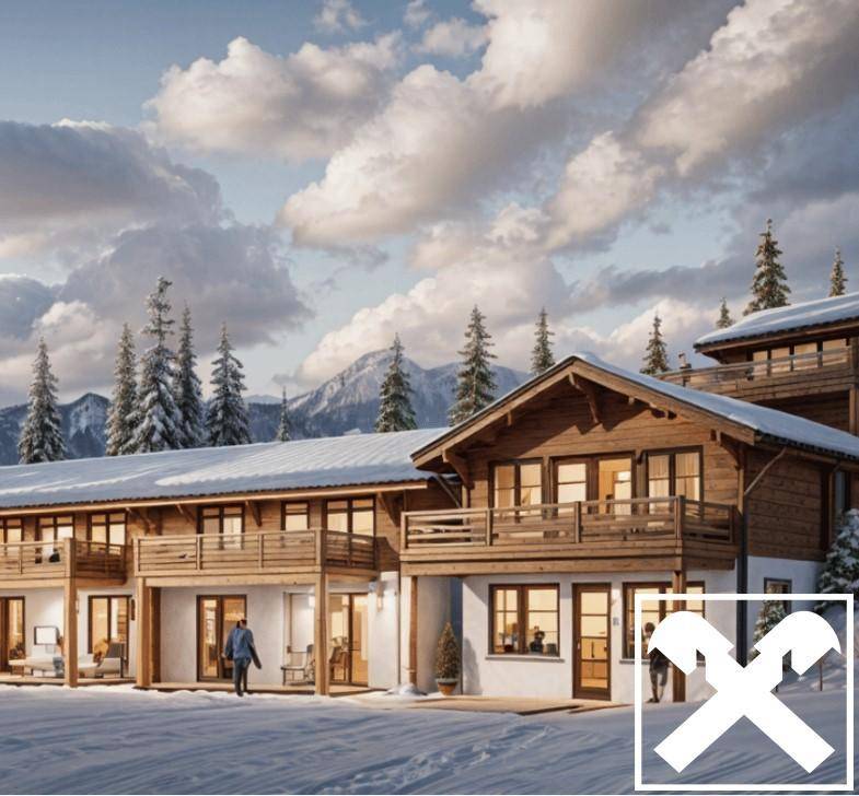 Nahaufnahme von modernen Chalets im Winter mit Schnee, Holzfassaden und beleuchteten Innenräumen.