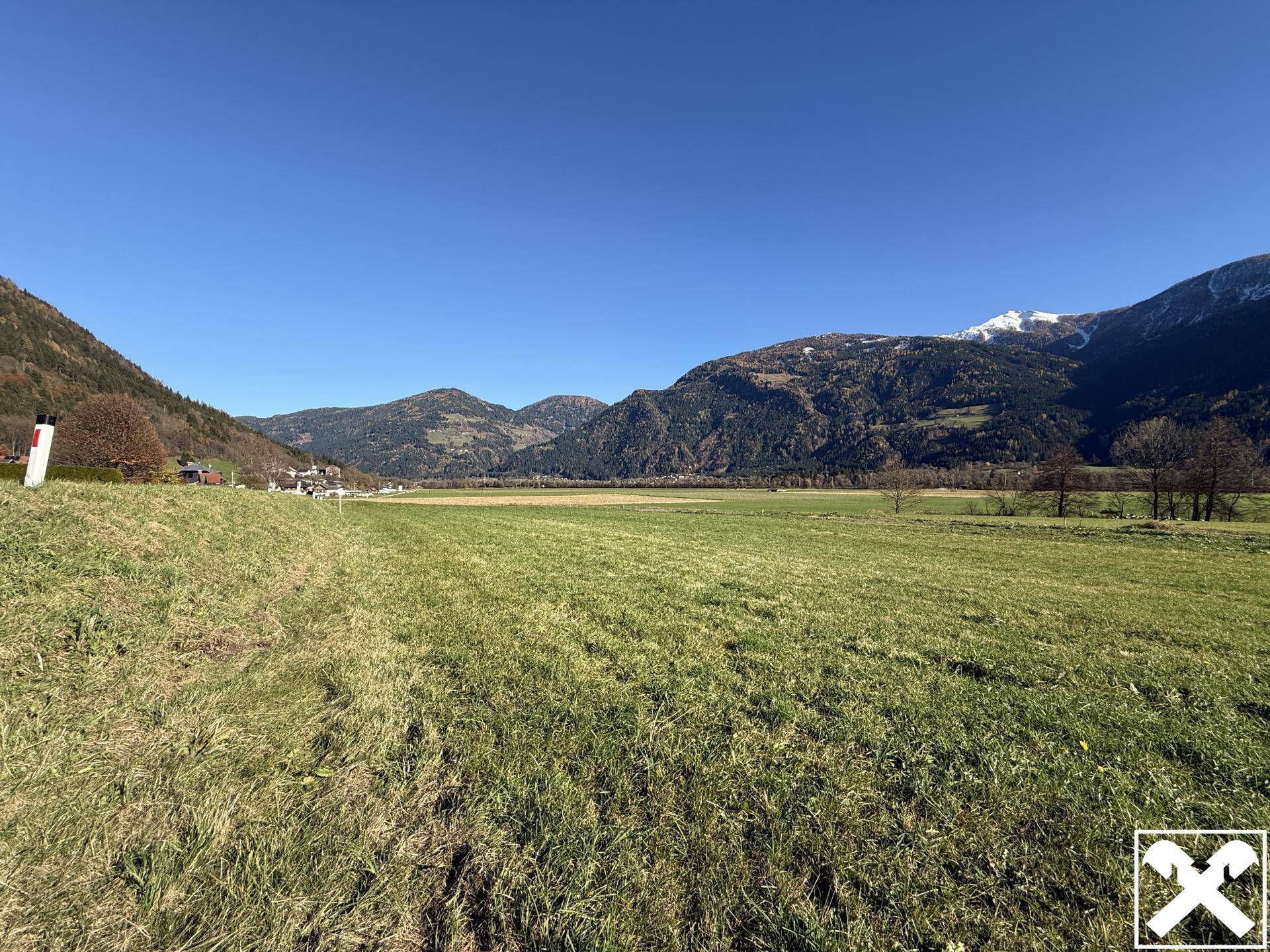 Weite grüne Landschaft mit sanften Hügeln und schneebedeckten Berggipfeln am Horizont.