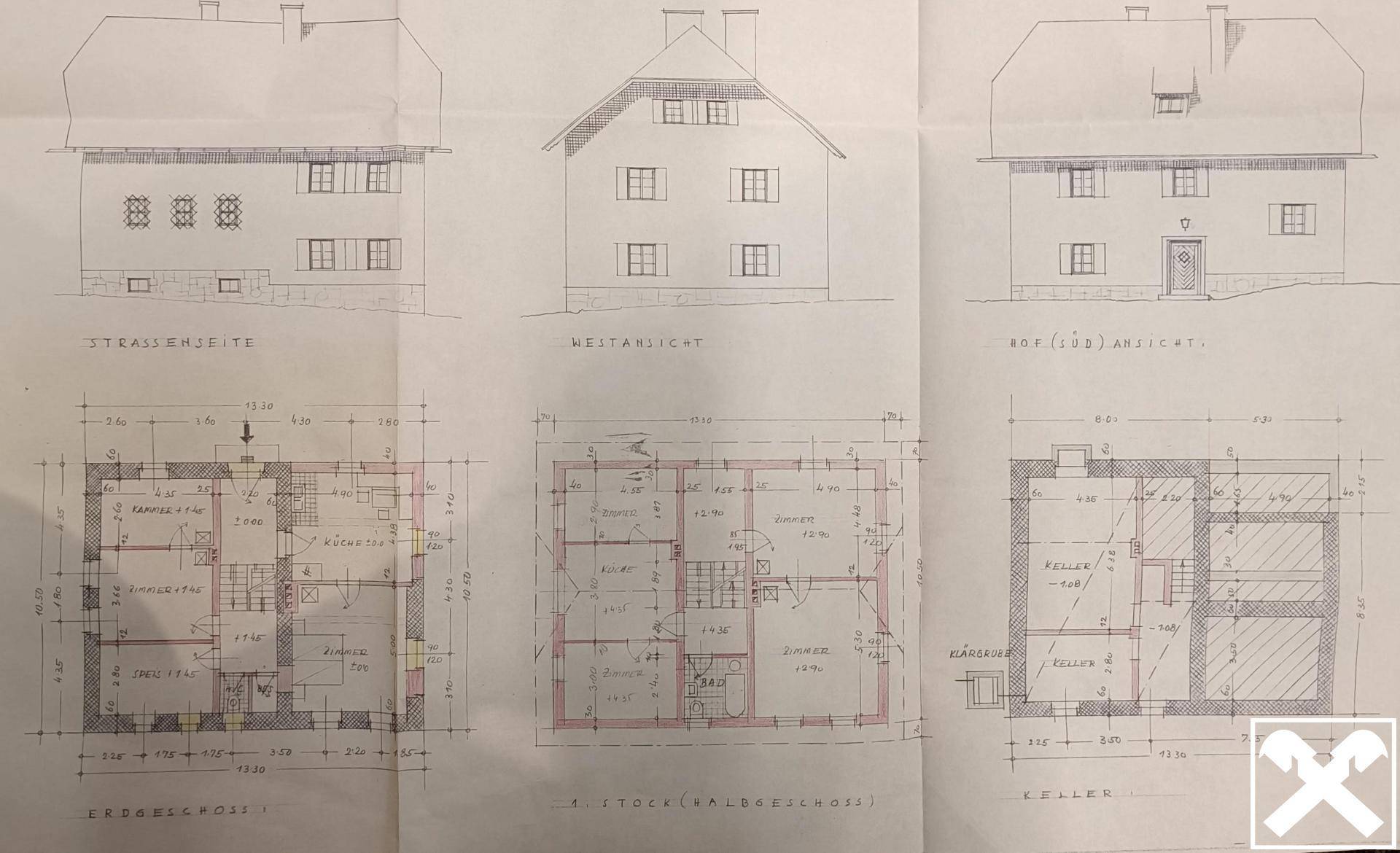 Detaillierter Bauplan mit verschiedenen Ansichten und Grundrissen des Gebäudes.