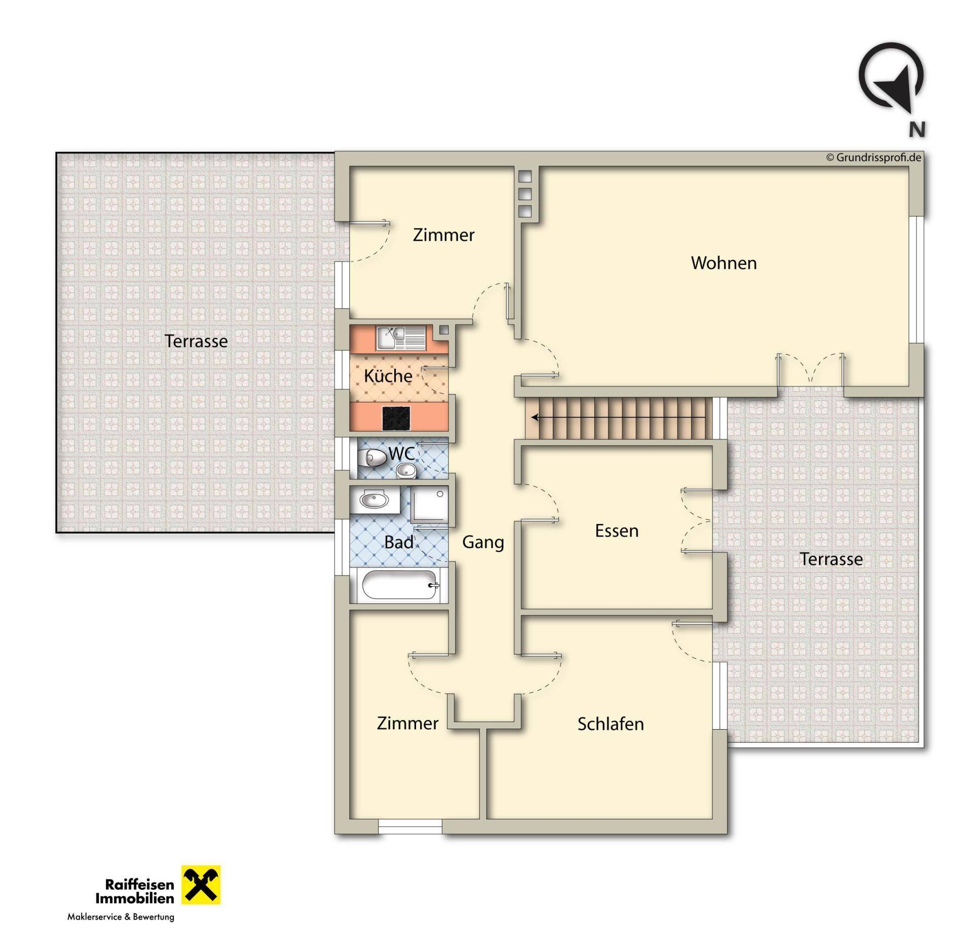 Grundriss des Obergeschosses mit Küche, Wohn- und Essbereich, Schlafzimmern und Terrasse.