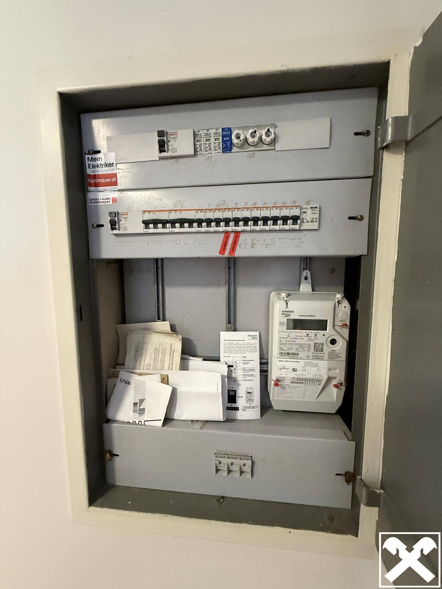 Elektrischer Sicherungskasten und Zähler in einem Technikraum des Gebäudes.