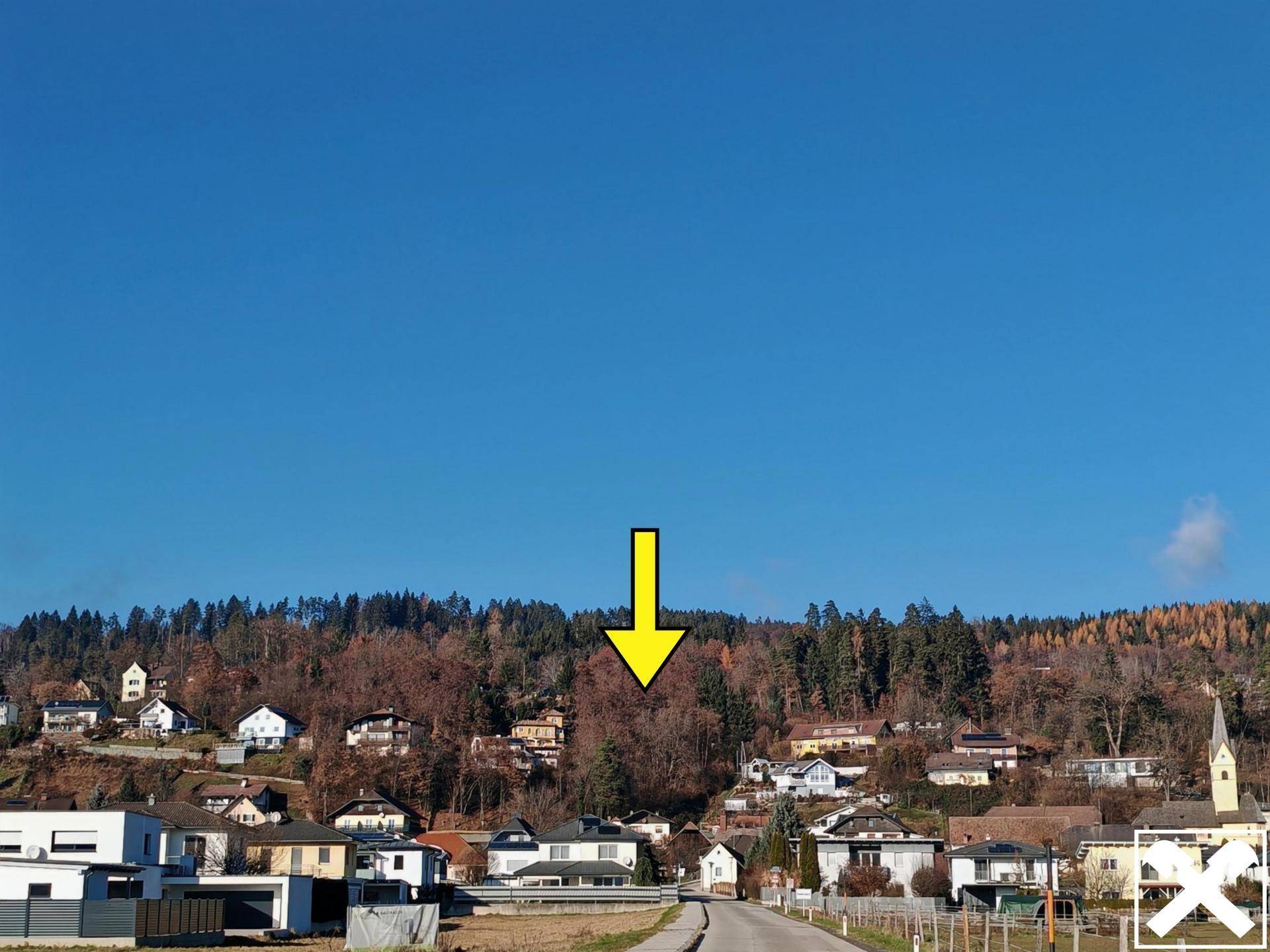 Blick auf eine Wohnsiedlung am Fuße eines bewaldeten Hügels, mit einem Pfeil, der auf ein Grundstück zeigt.