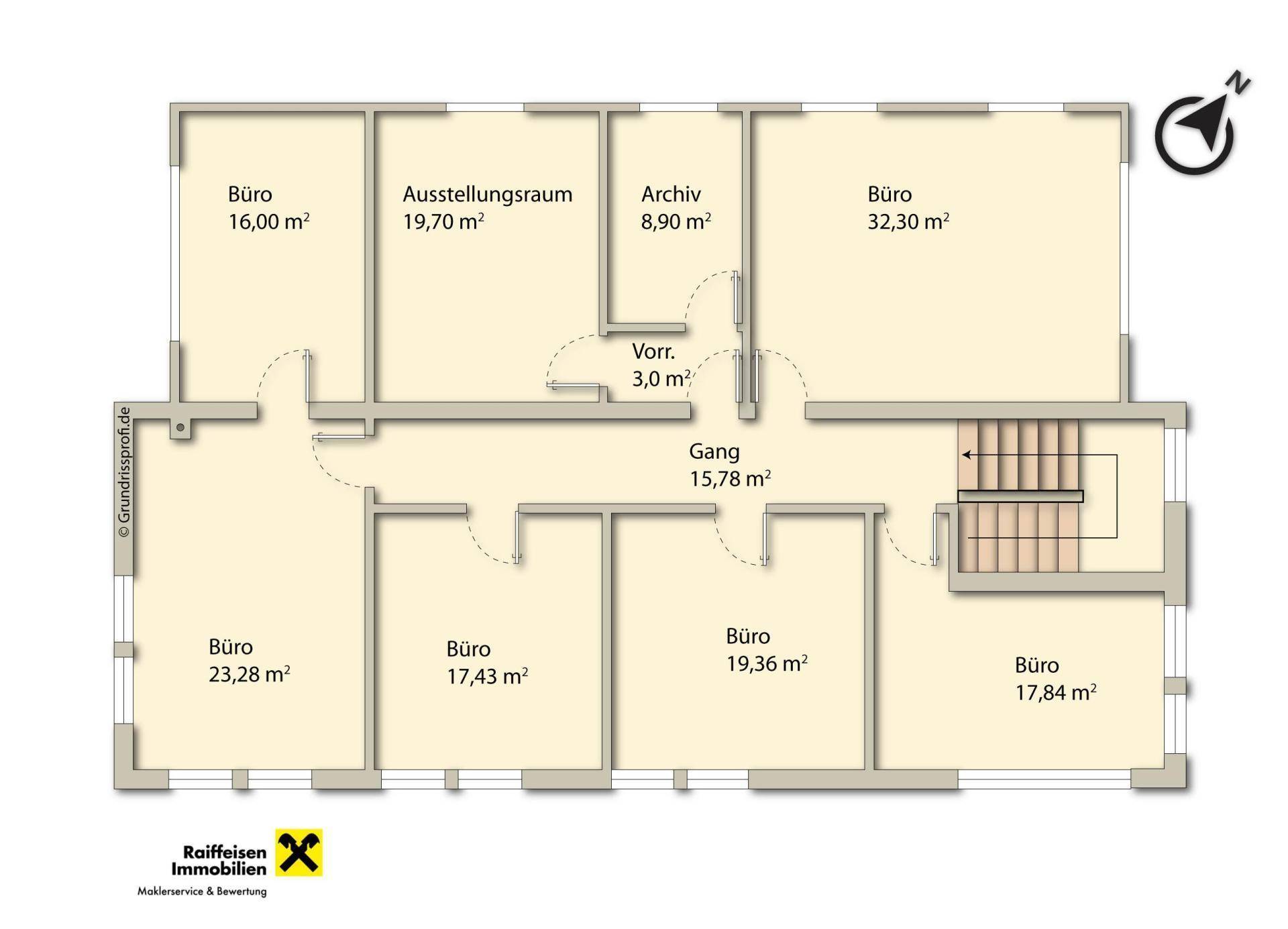 Grundriss des Obergeschosses mit mehreren Büroräumen und einem Ausstellungsraum.