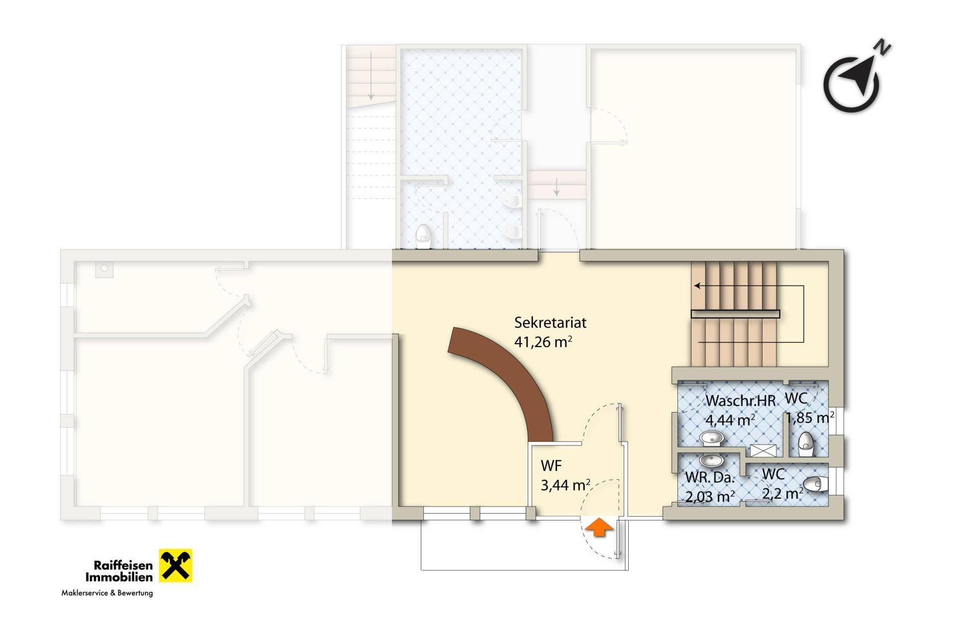 Grundriss des Erdgeschosses mit Empfangsbereich, Toiletten und Waschraum.