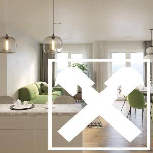 Heller, offener Wohn- und Essbereich mit moderner Kücheninsel, grüner Couch und großen Fenstern.