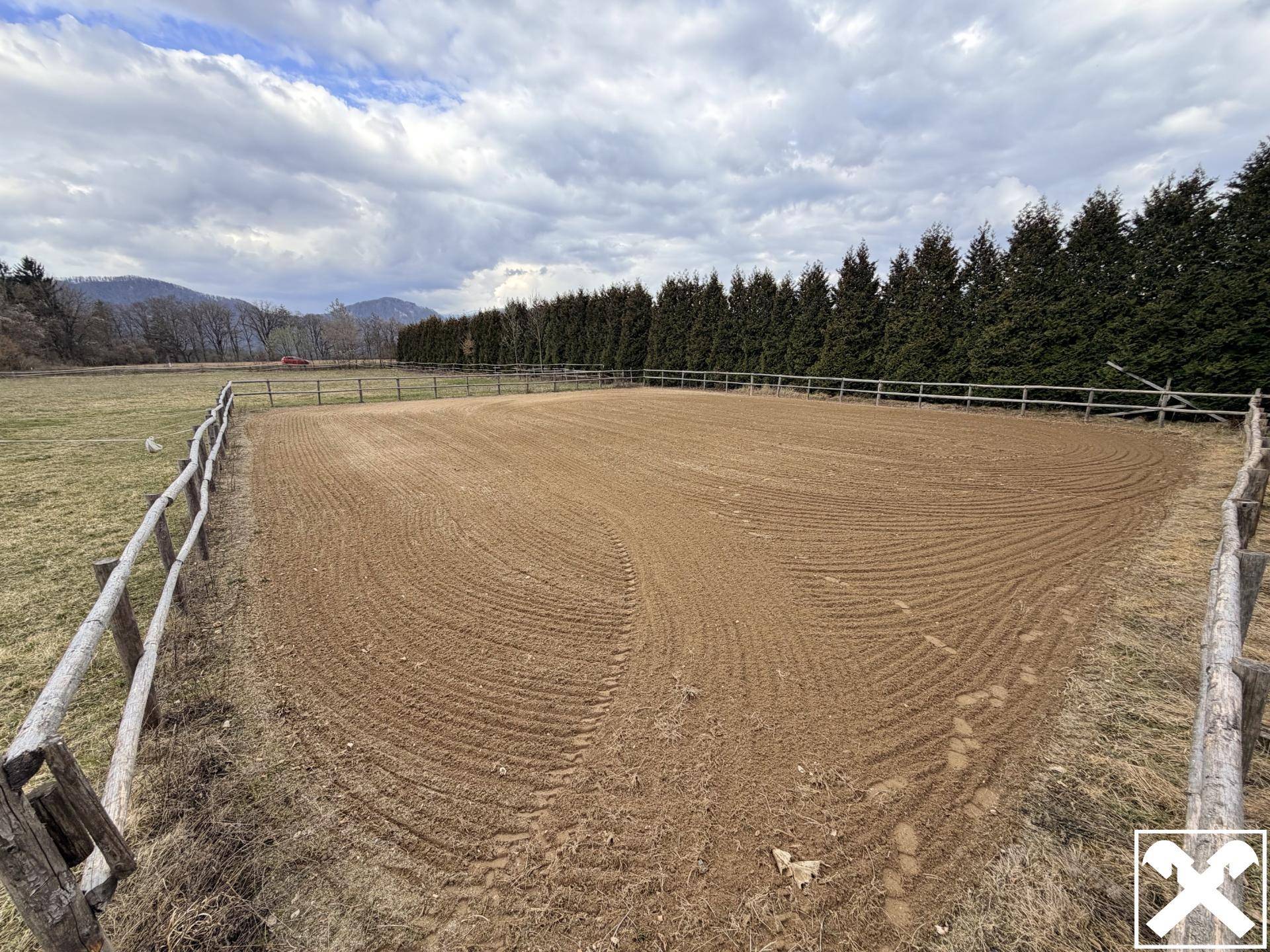 Ein umzäunter Reitplatz mit sandigem Boden, umgeben von Bäumen und einer weiten Landschaft.