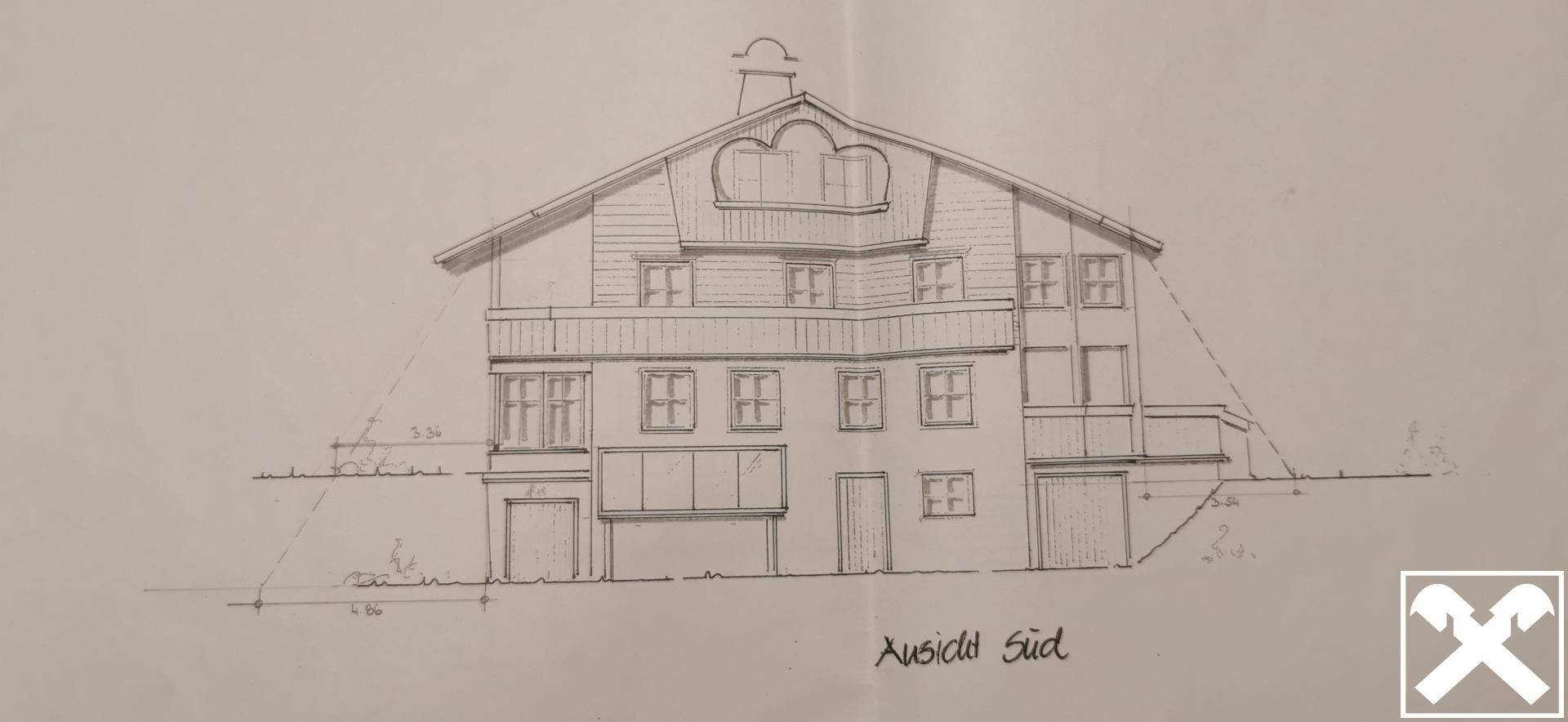 Architektonische Zeichnung der Südfassade eines traditionellen Hauses mit Balkonen und Fenstern.