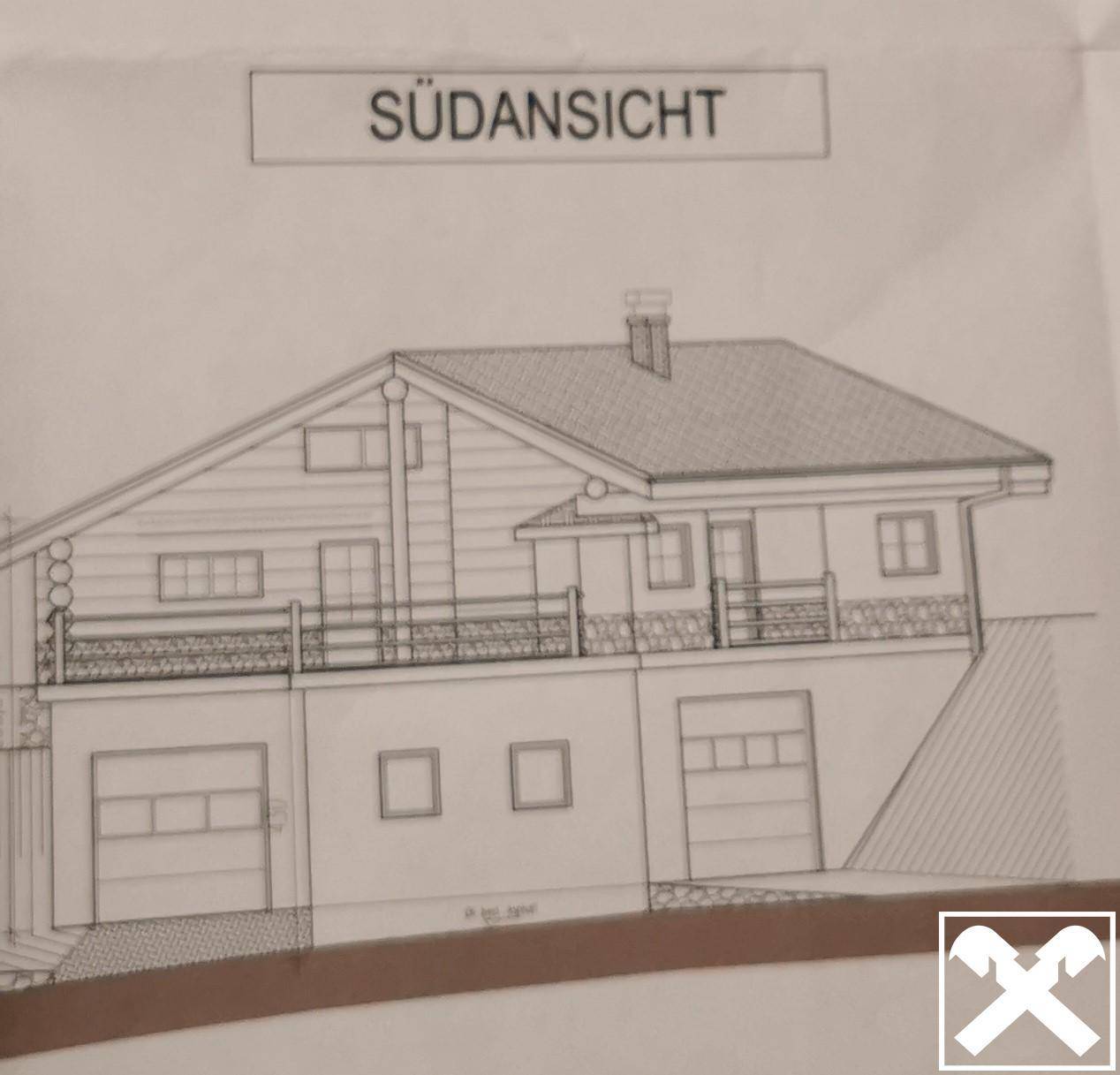 Architektonische Zeichnung der Südansicht eines Hauses mit Garagen und Balkonen.