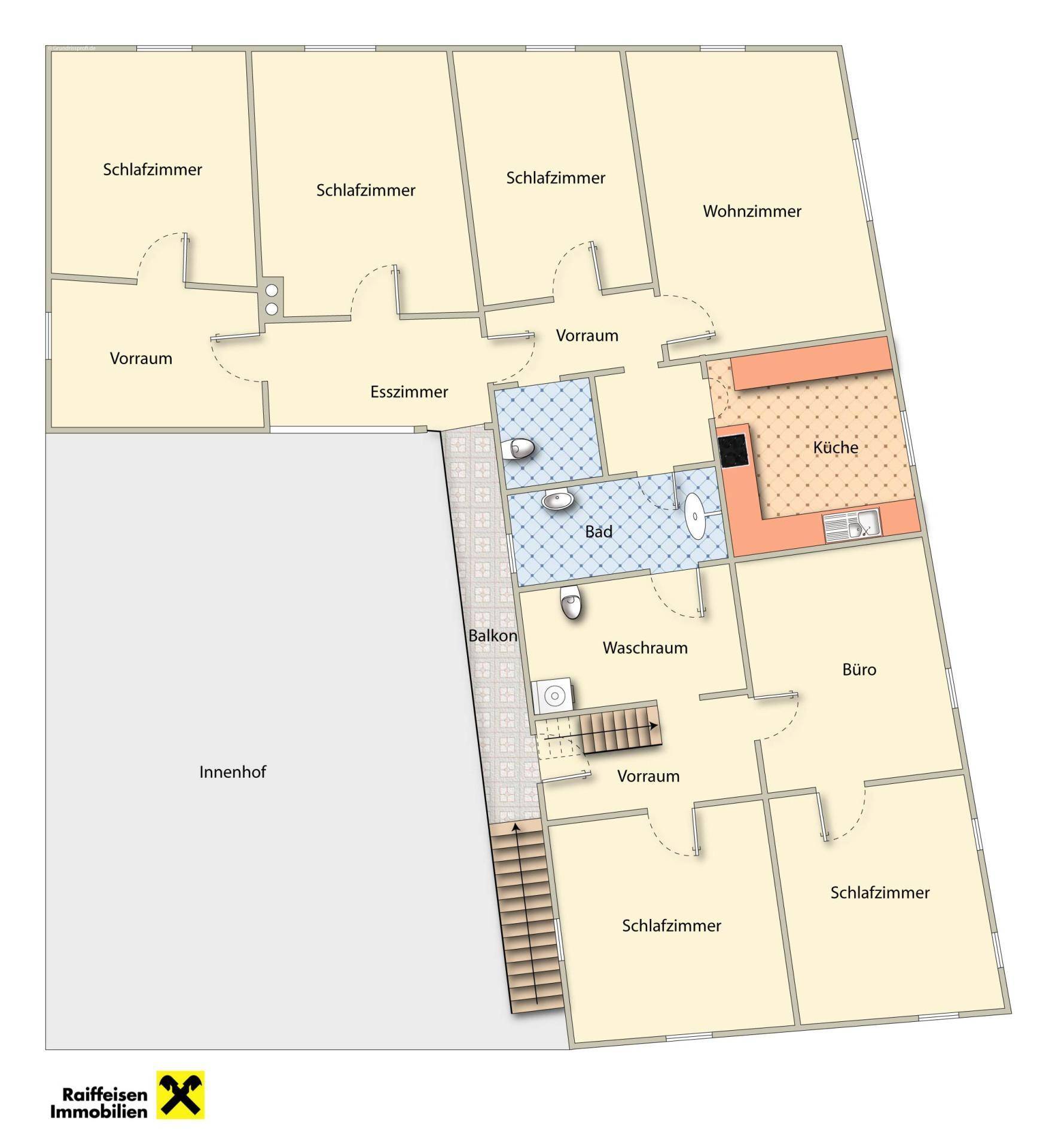 Grundriss des Obergeschosses mit mehreren Schlafzimmern, Bad, Büro und Balkon.