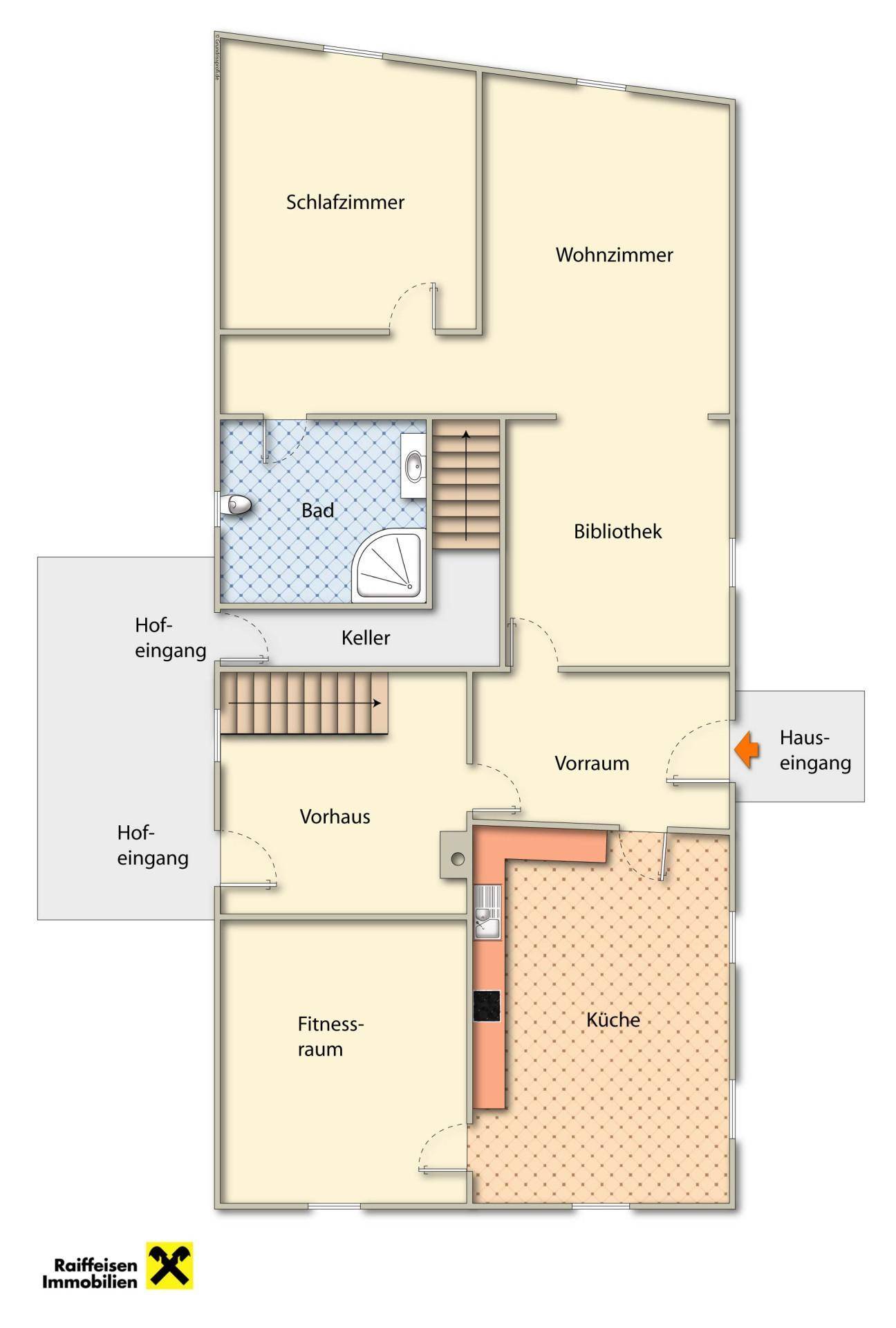 Grundriss des Erdgeschosses mit Schlafzimmer, Wohnzimmer, Bad und Küche.