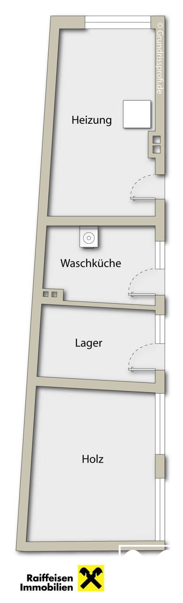 Grundriss des Untergeschosses mit Heizung, Waschküche und Lagerräumen.