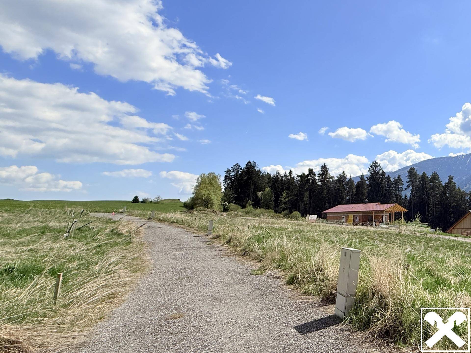 Schotterweg führt durch grüne Wiesen zu einem Waldrand mit einem Gebäude und Bergen im Hintergrund.