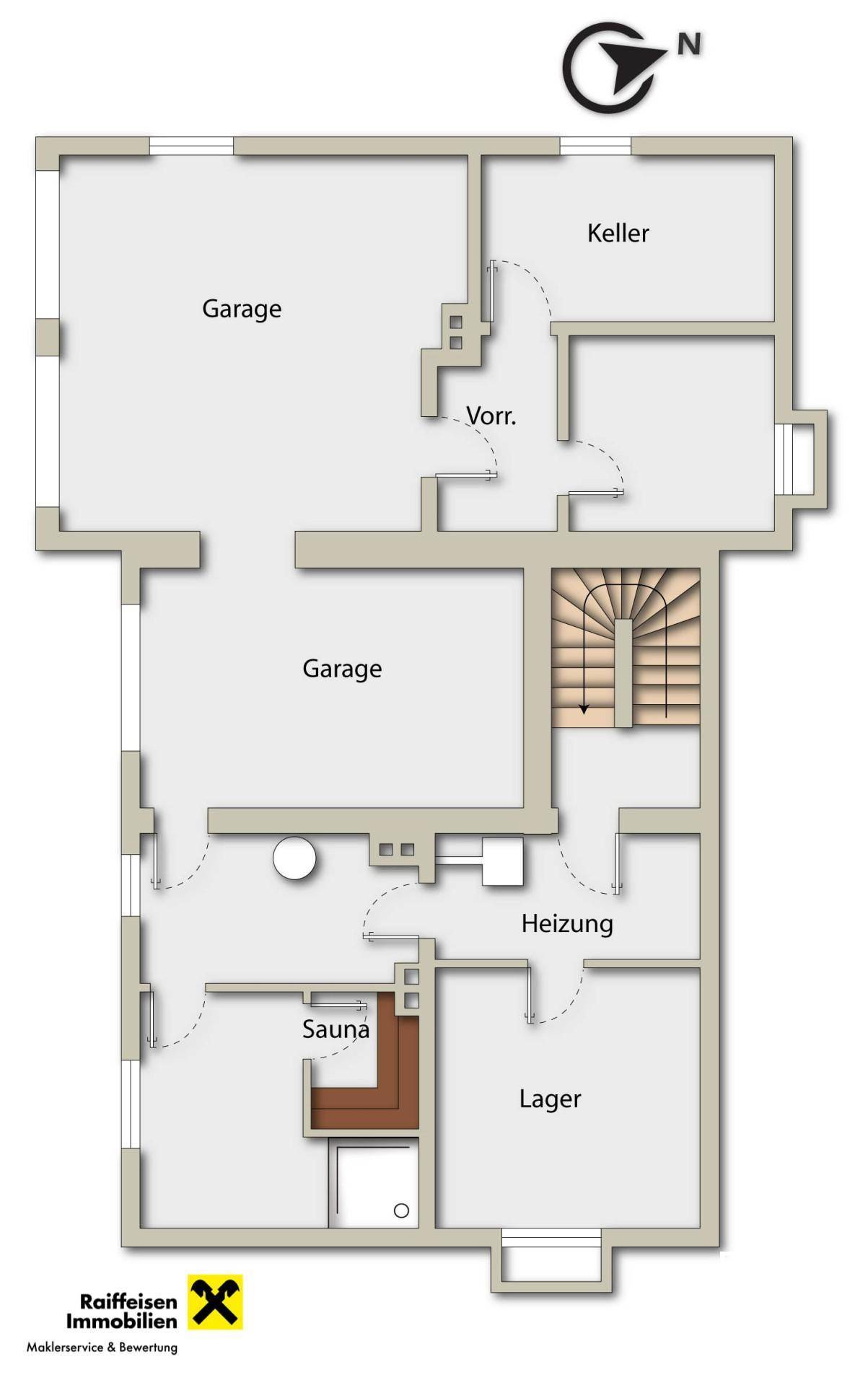 Grundriss des Untergeschosses mit zwei Garagen, Keller, Heizraum und Sauna.