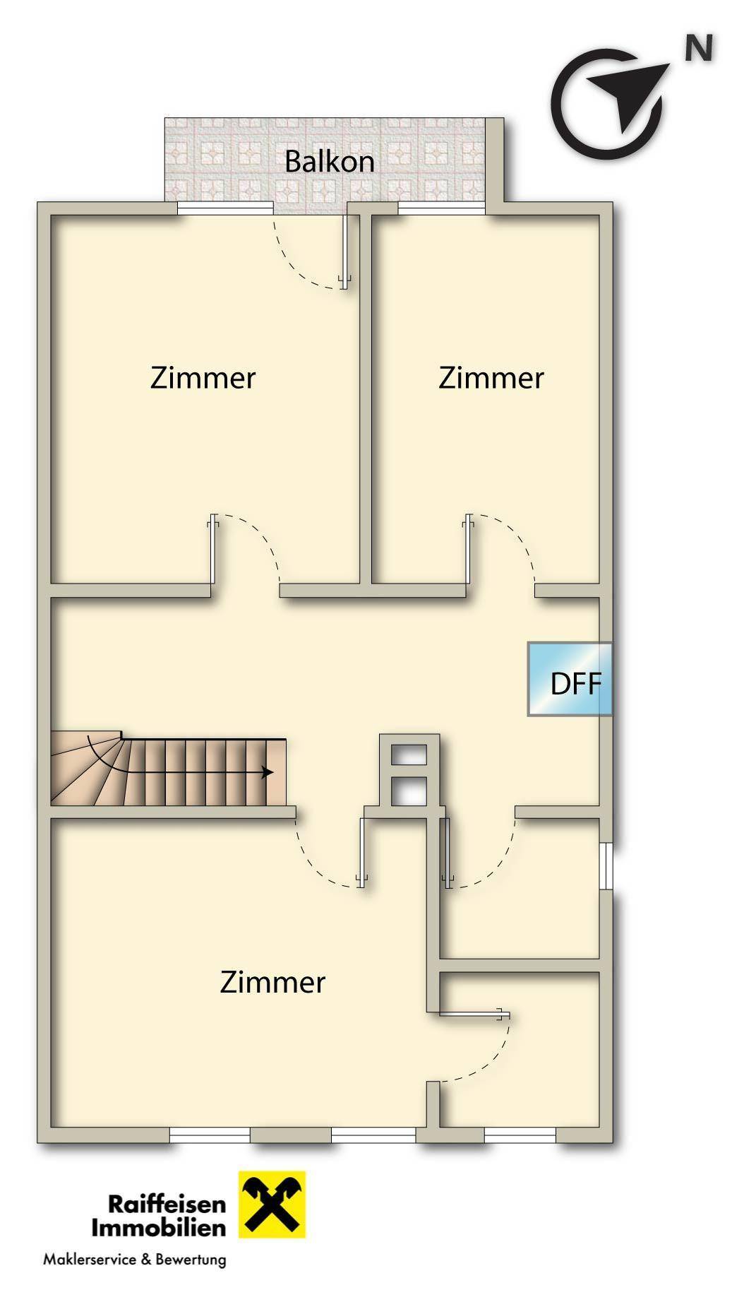 Grundriss des Obergeschosses mit drei Zimmern und Zugang zu einem Balkon.
