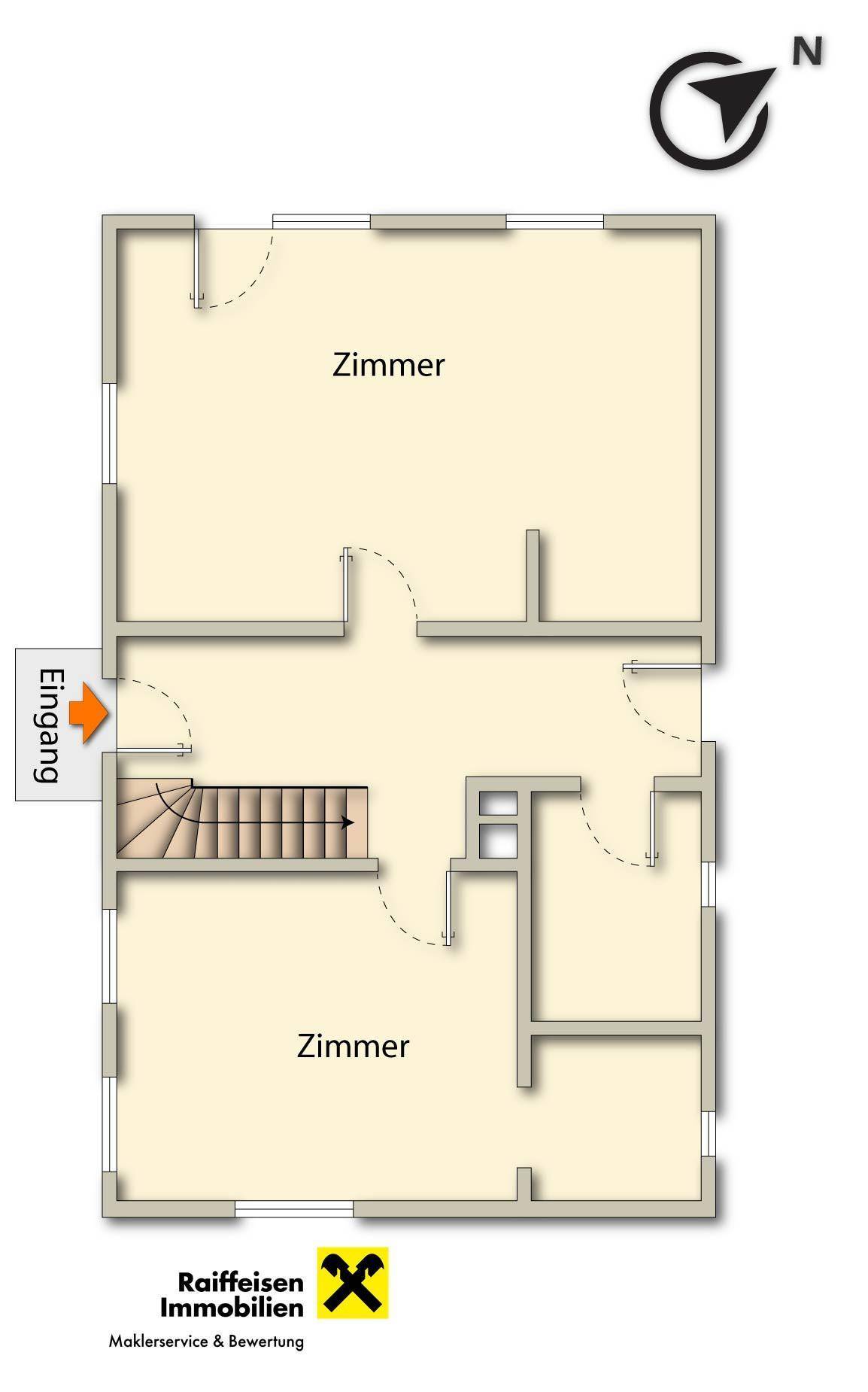 Grundriss des Erdgeschosses mit zwei Zimmern und Treppenaufgang.
