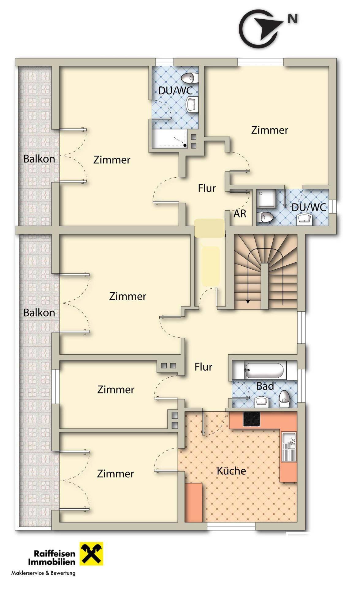 Grundriss des Erdgeschosses mit Küche, Bad, zwei Dusch-WCs und Balkonen.