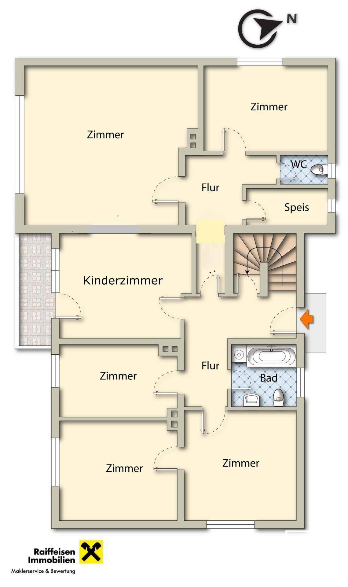 Grundriss des Obergeschosses mit mehreren Zimmern, Bad und separatem WC.