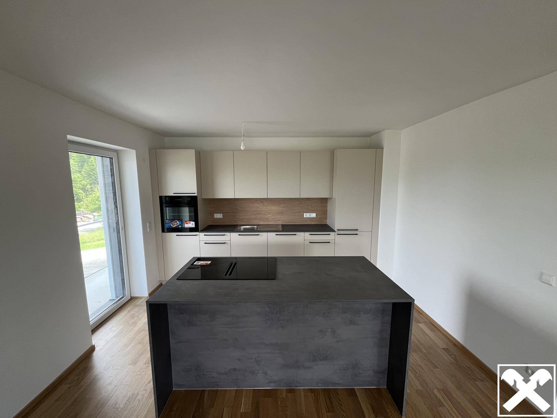 Moderne Einbauküche mit Kücheninsel, integrierten Geräten und Zugang zum Außenbereich.