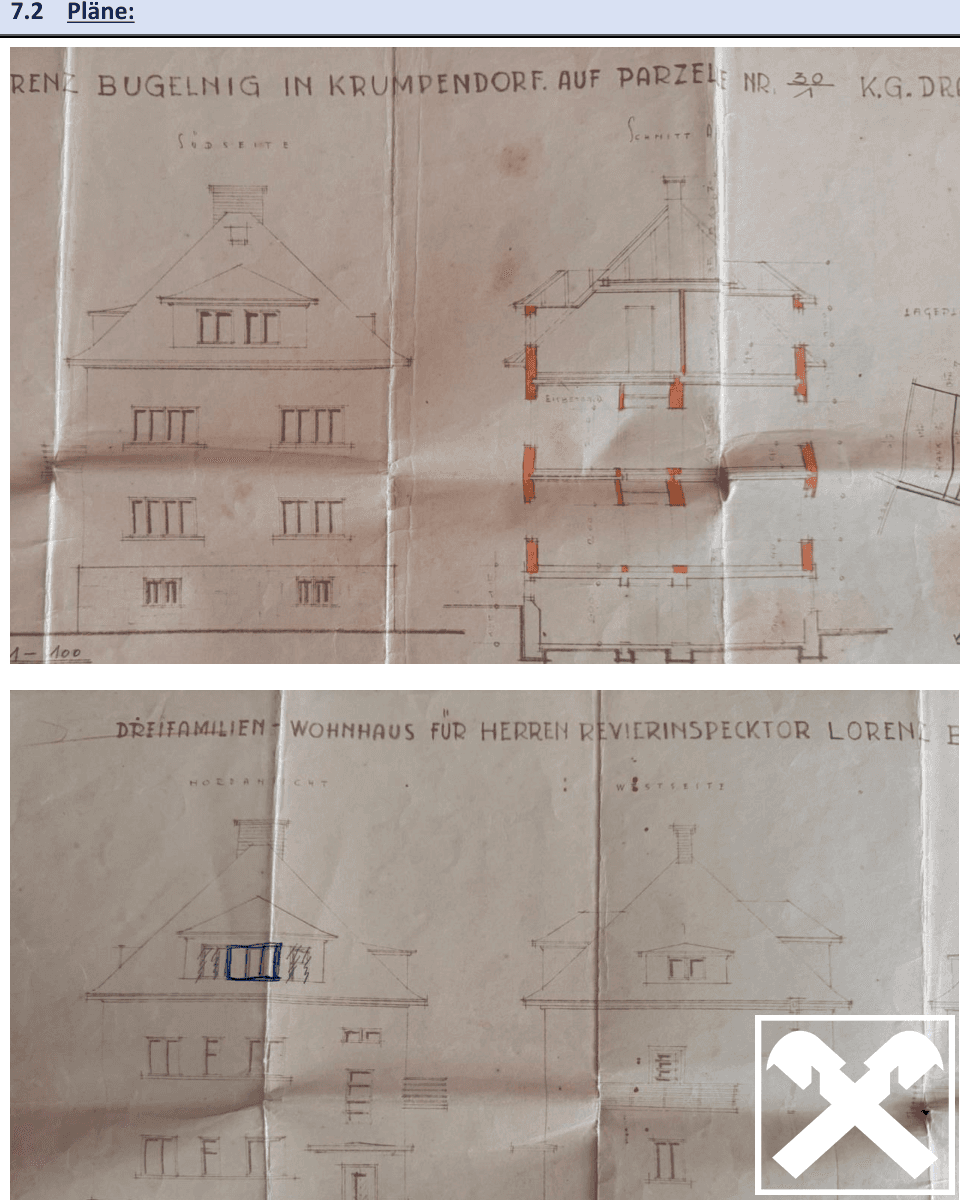 Historische Bauzeichnungen des Dreifamilien-Wohnhauses mit verschiedenen Ansichten und Schnitten.