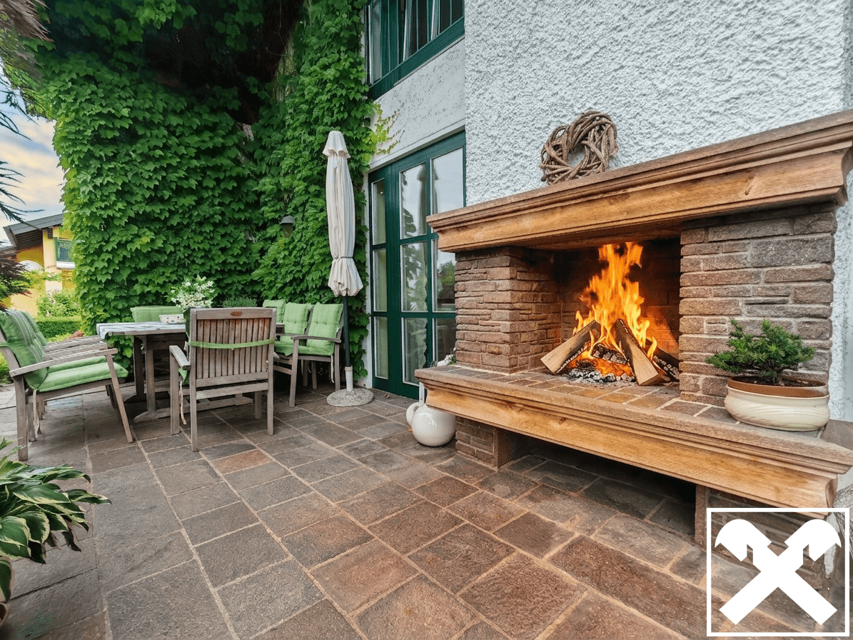 Gemütliche Terrasse mit Außenkamin, Gartenmöbeln und üppiger grüner Bepflanzung.