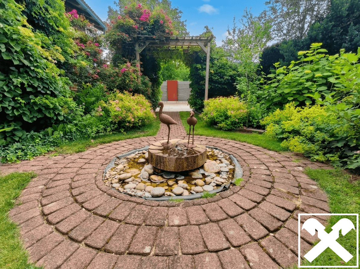 Idyllischer Gartenweg mit einem runden Pflastermuster und einem dekorativen Brunnen.
