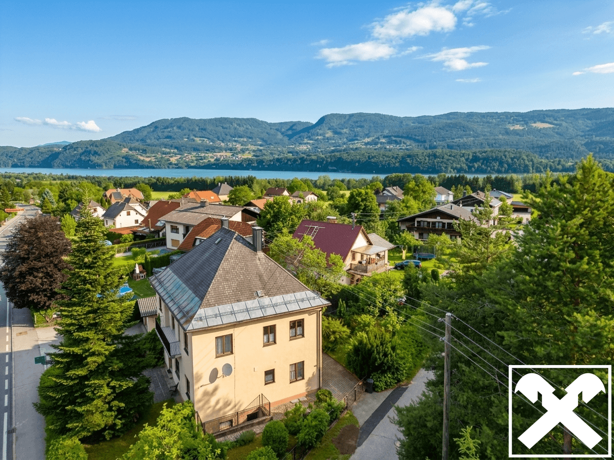 Weitläufige Luftaufnahme des Anwesens mit Blick auf den See und die umliegenden Berge.