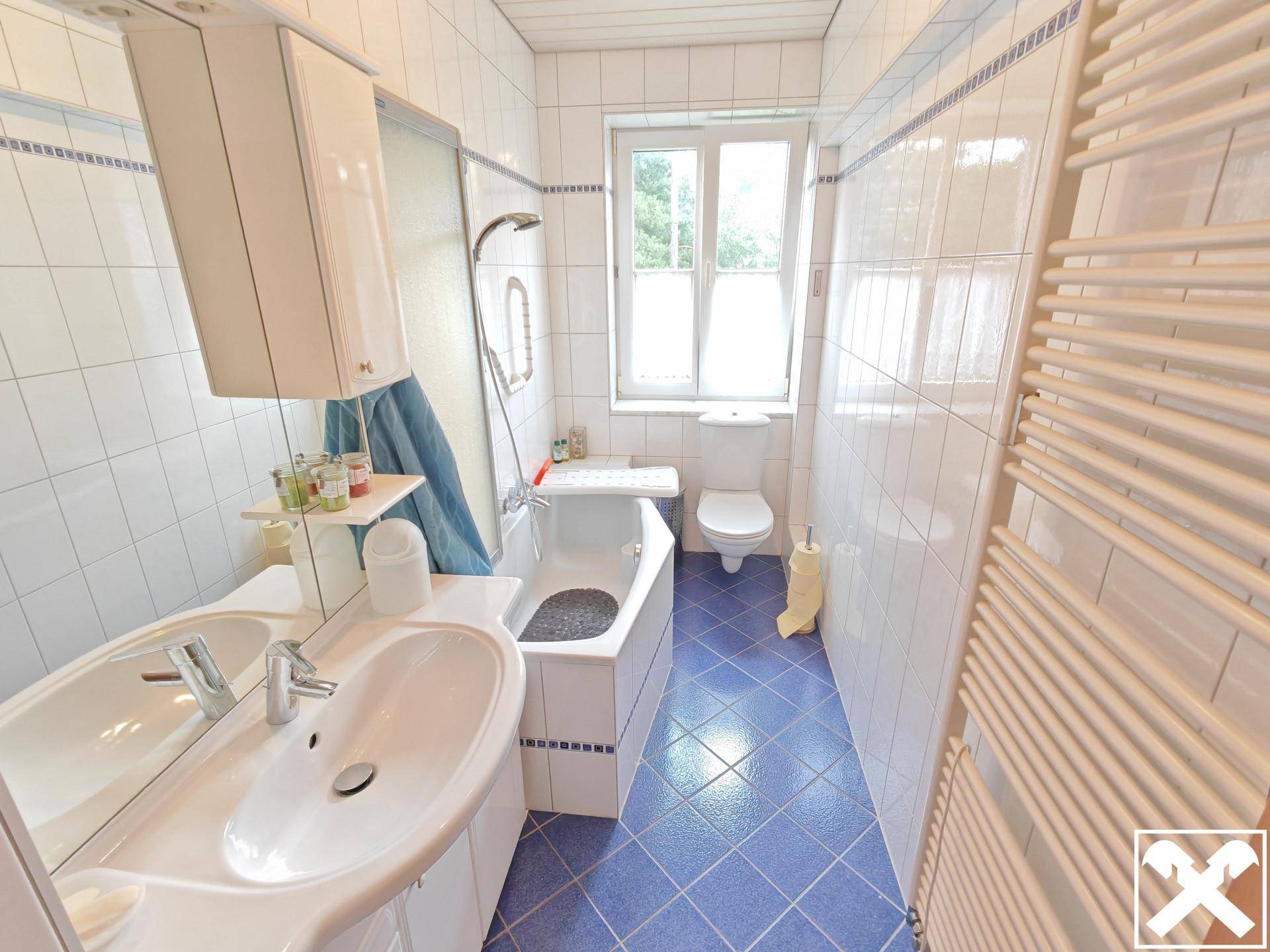 Badezimmer mit blauen Bodenfliesen, Badewanne, Dusche und Fenster.