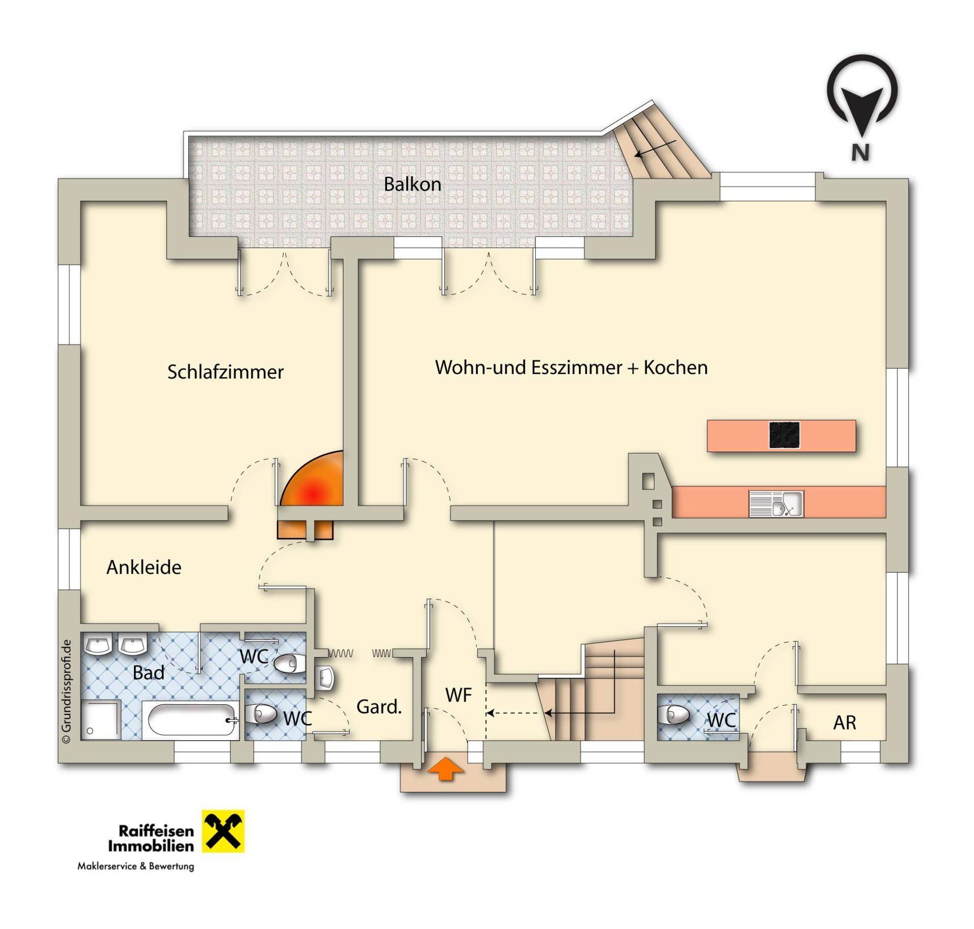 Grundriss des Erdgeschosses mit Wohn-Esszimmer, Küche, Ankleide und Balkon.