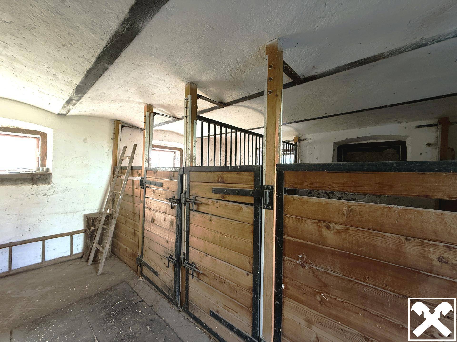 Innenansicht eines Stalls mit Holztrennwänden und Leiter, bereit zur Nutzung.