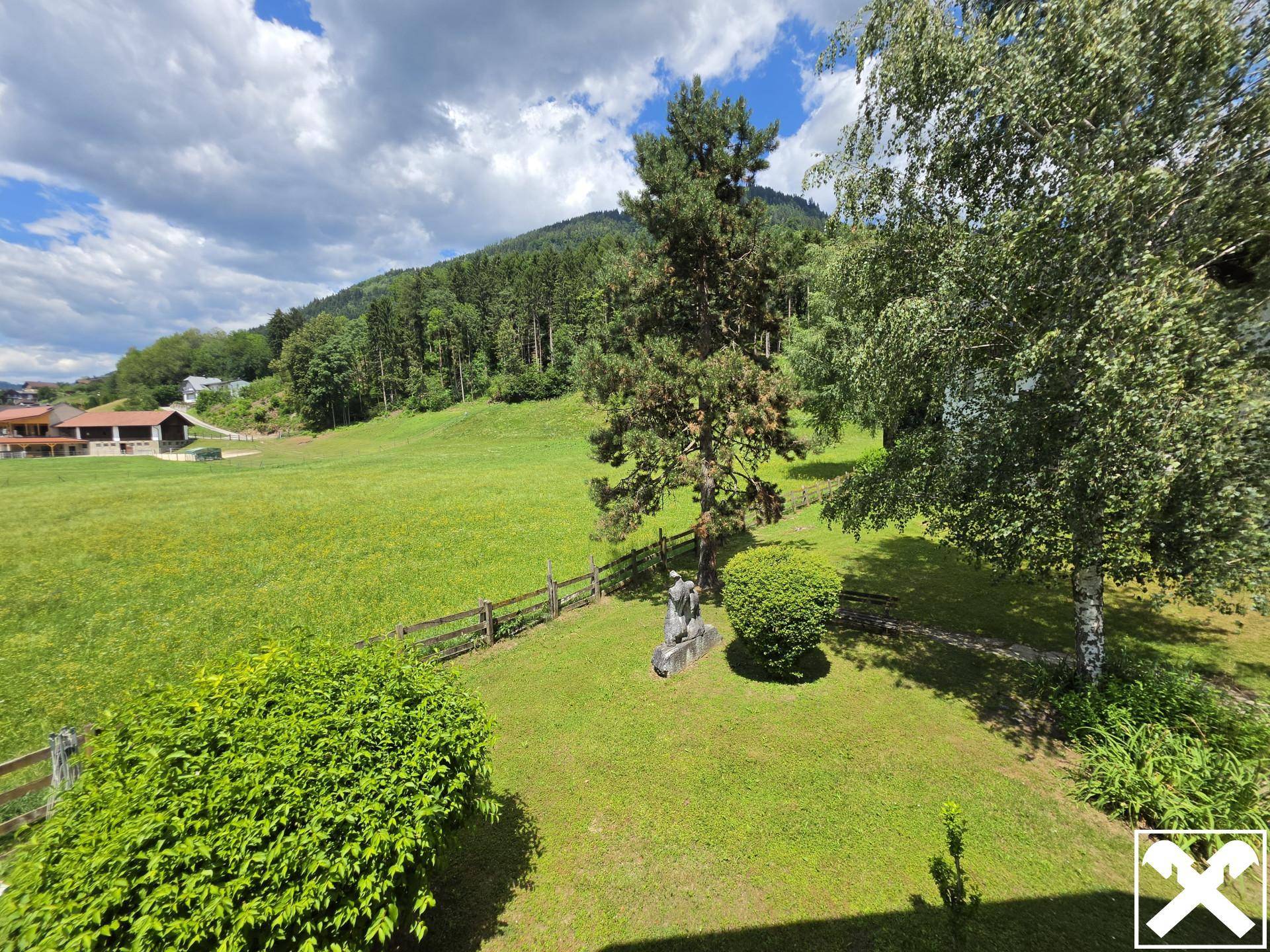 Gepflegter Gartenbereich mit Rasenfläche, Bäumen und Blick auf die umliegende Berglandschaft.