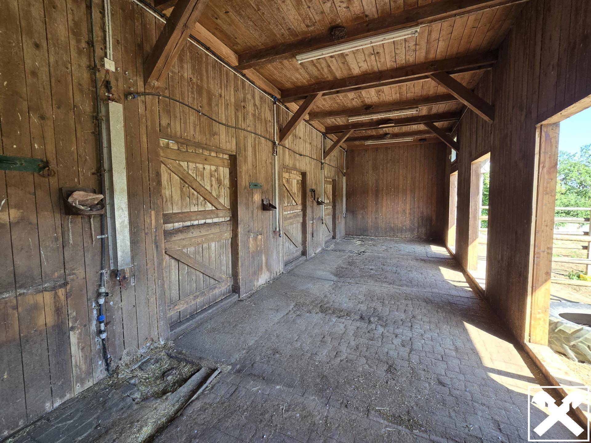 Innenansicht einer Holzscheune mit Stalltüren und gepflastertem Boden.