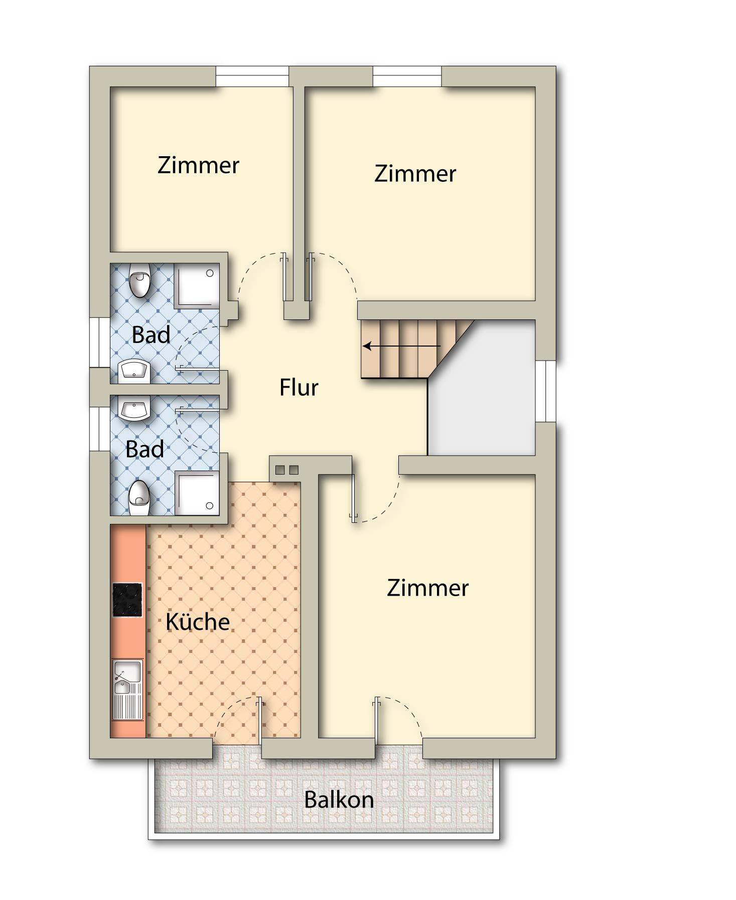 Grundriss des Obergeschosses mit drei Zimmern, zwei Bädern, Küche, Flur und Balkon.