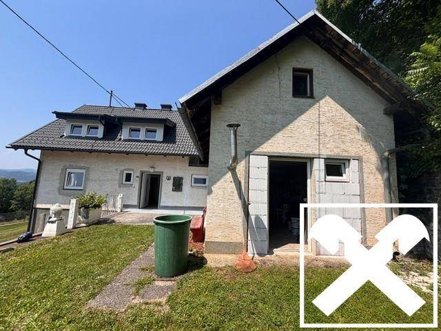 Rückansicht des Hauses mit Anbau, der als Garage oder Werkstatt genutzt werden könnte.