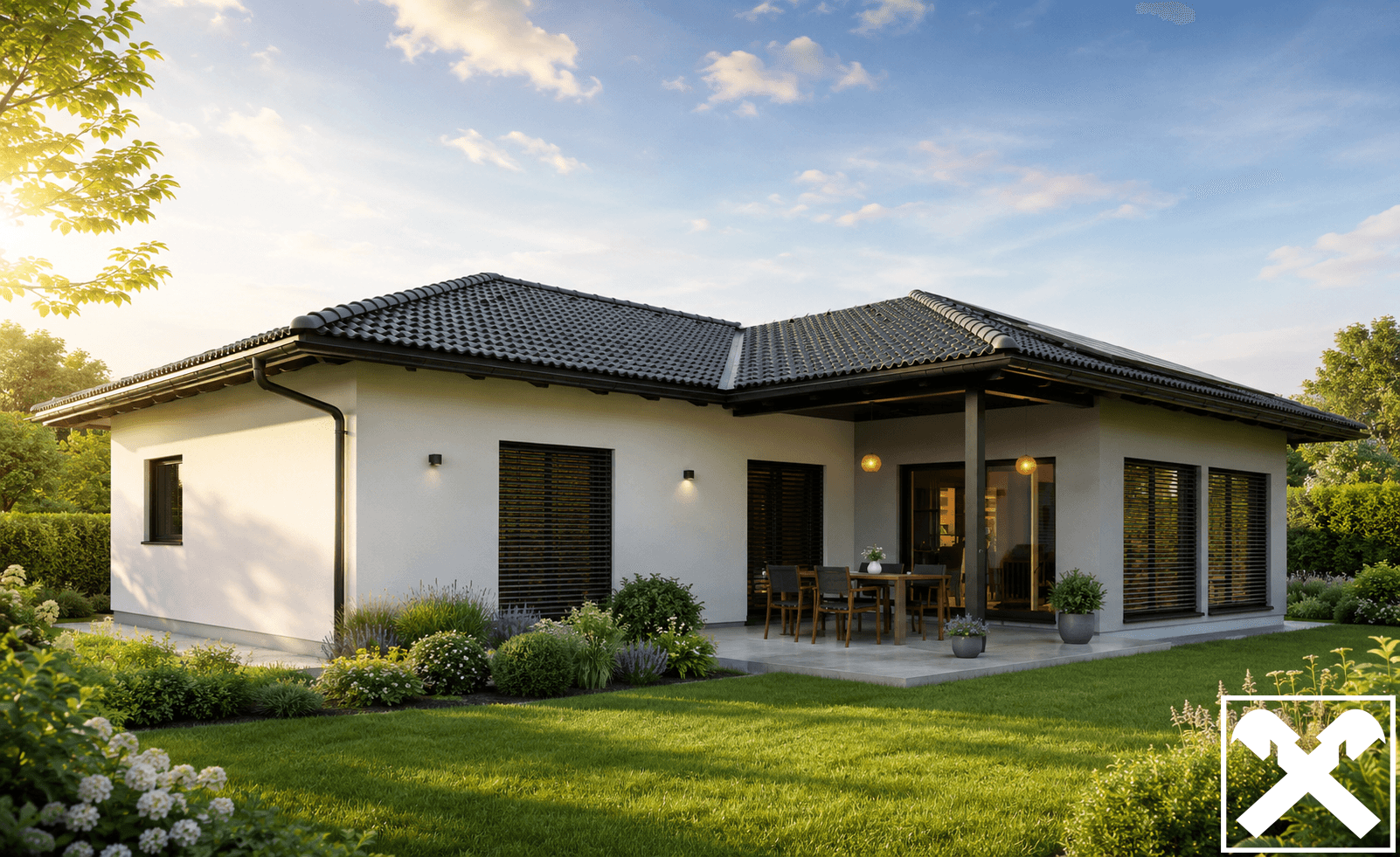Rückansicht der modernen Villa mit überdachter Terrasse und Essbereich im Grünen.