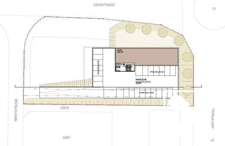 Grundriss des Erdgeschosses mit Büroräumen, Parkflächen und Zufahrt zur Tiefgarage.