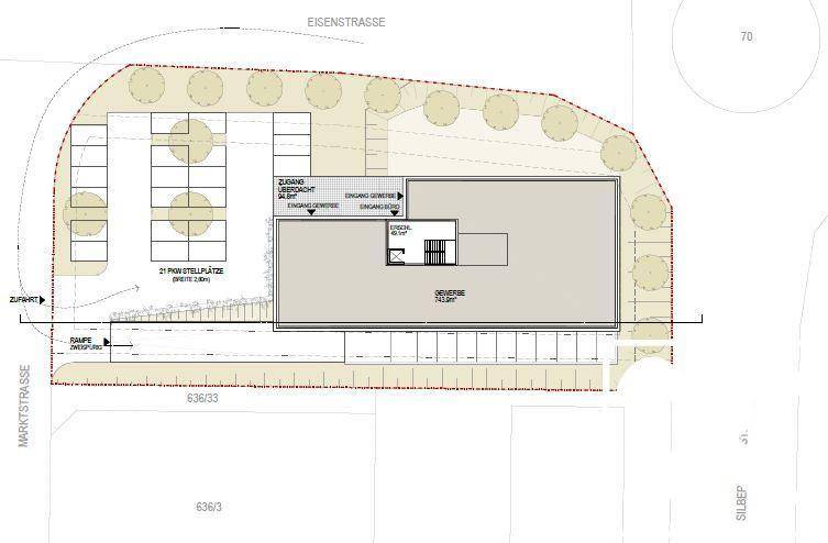 Grundriss des Untergeschosses mit Tiefgaragenzufahrt und weiteren Stellplätzen.