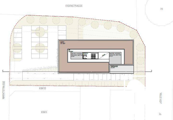 Grundriss des zweiten Obergeschosses mit Büros und einer großen Terrasse.